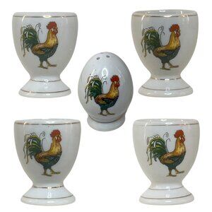 MCM French Rooster gold edged Egg Cups & Salt Shaker - Set of 4
